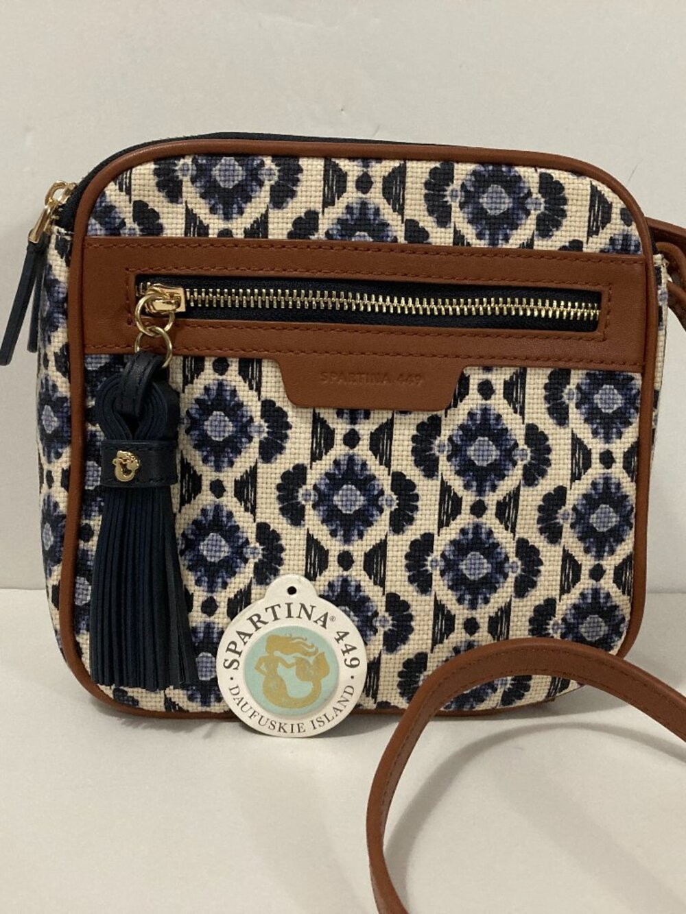 SPARTINA 449 Crossbody Bag Fabric Leather Blue White Tan
